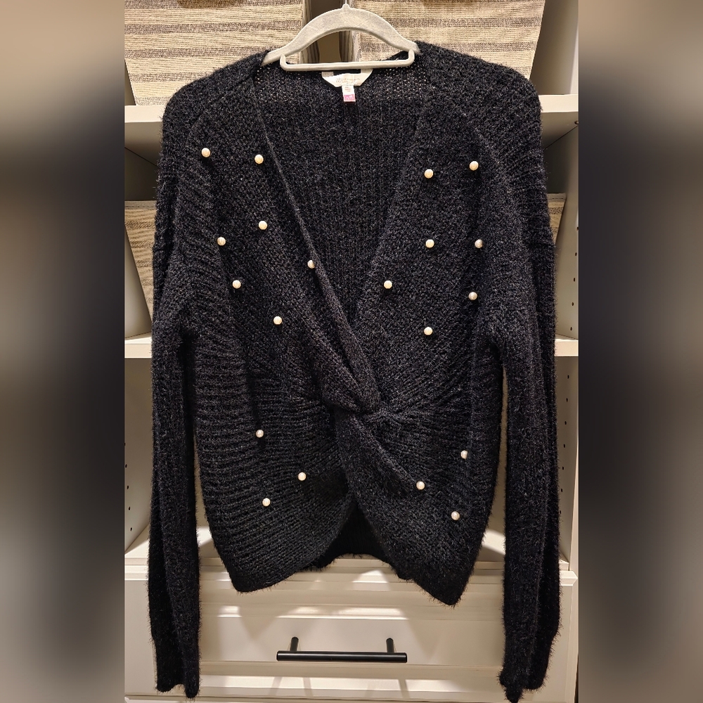 No Boundaries Black V-Neck Sweater with Pearl Accents